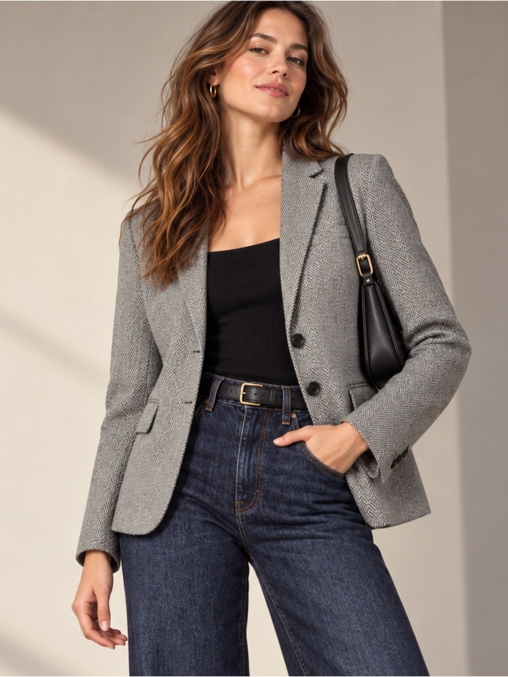 Gap Heritage Wool Blend Academy Blazer Grey Herringbone Elbow Patch Size 8